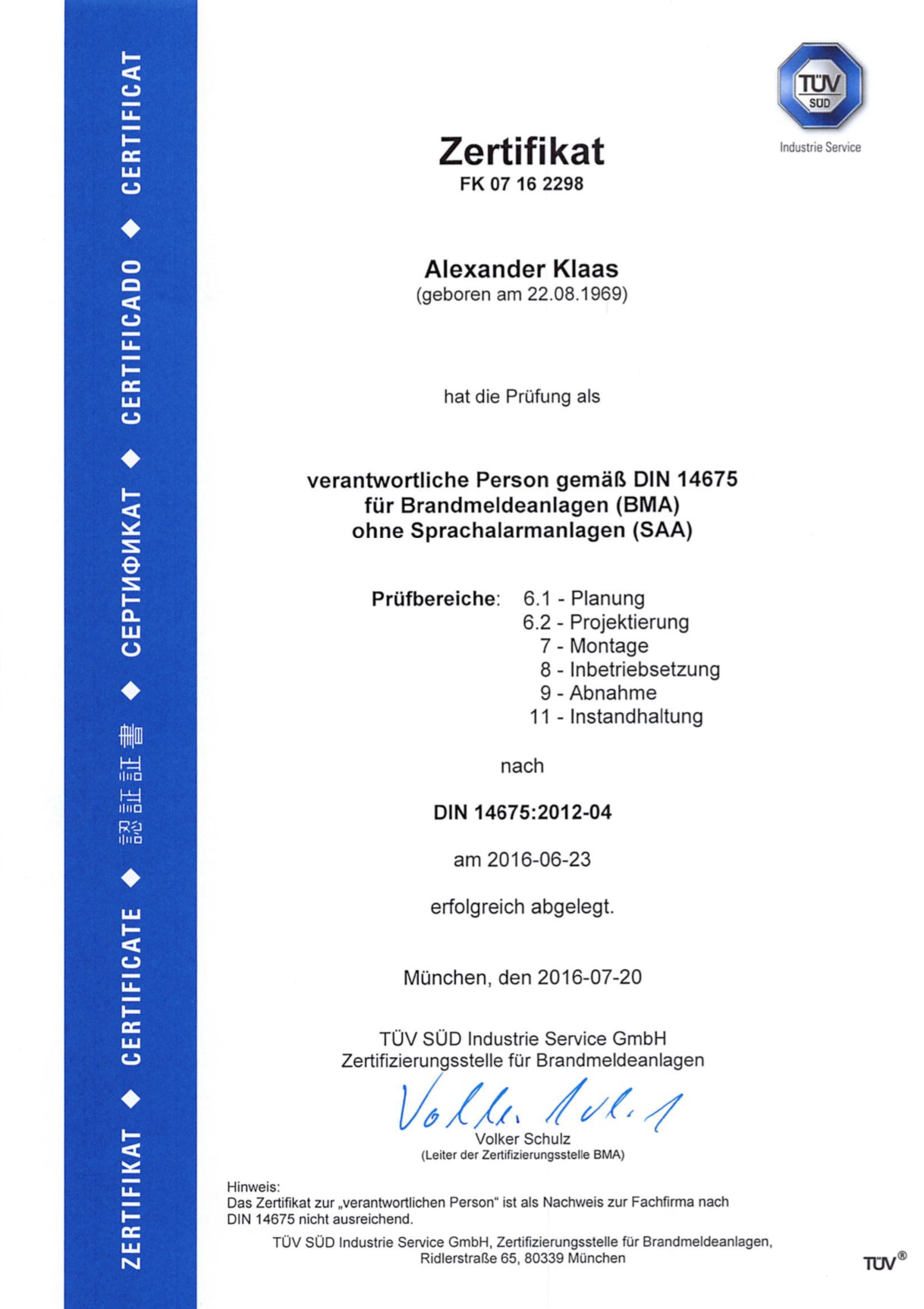 Zertifikat_DIN14675 Alexander Klaas